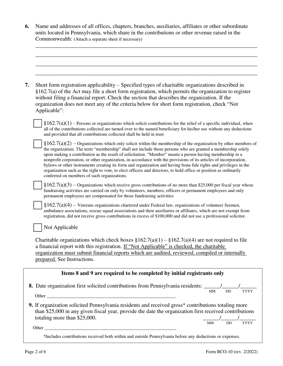 Form BCO-10 Charitable Organization Registration Statement - Pennsylvania, Page 2