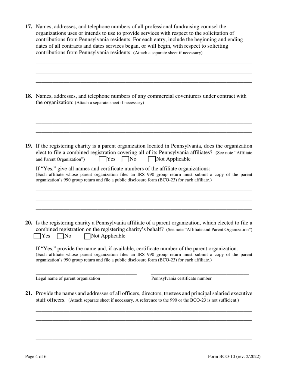 Form BCO-10 Charitable Organization Registration Statement - Pennsylvania, Page 4