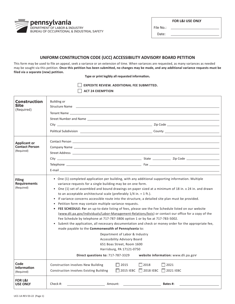 Form UCC-1A Uniform Construction Code (Ucc) Accessibility Advisory Board Petition - Pennsylvania, Page 1