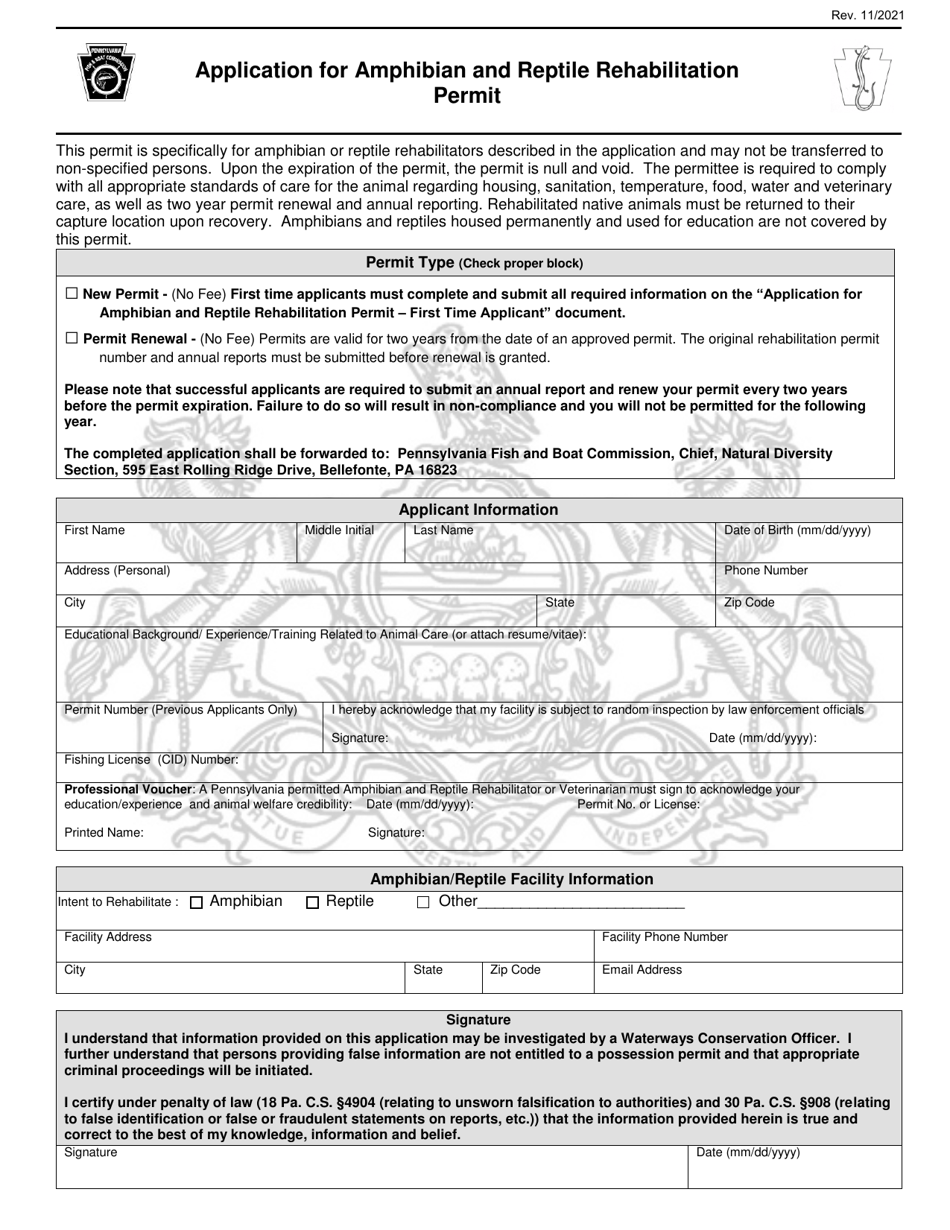 Application for Amphibian and Reptile Rehabilitation Permit - Pennsylvania, Page 1