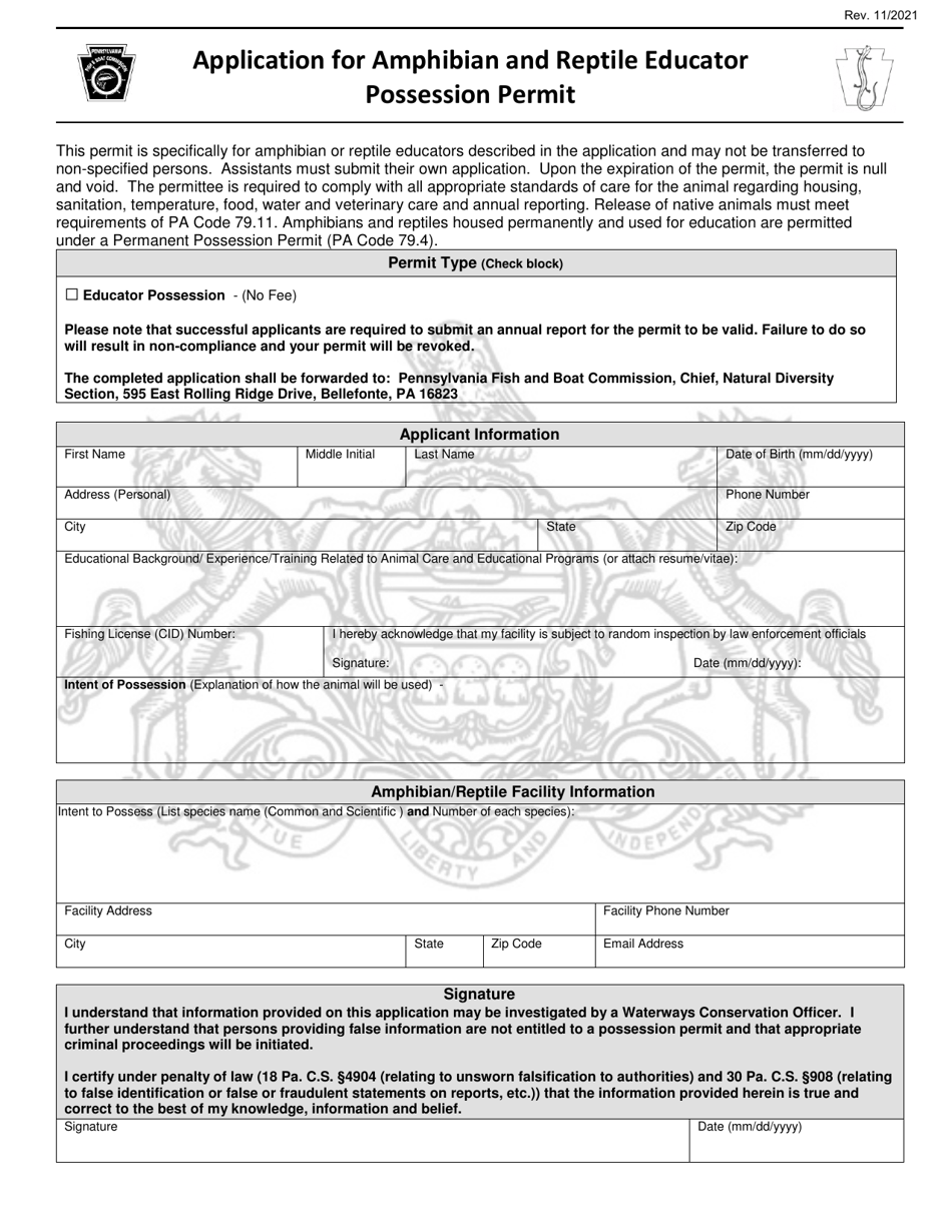 Application for Amphibian and Reptile Educator Possession Permit - Pennsylvania, Page 1