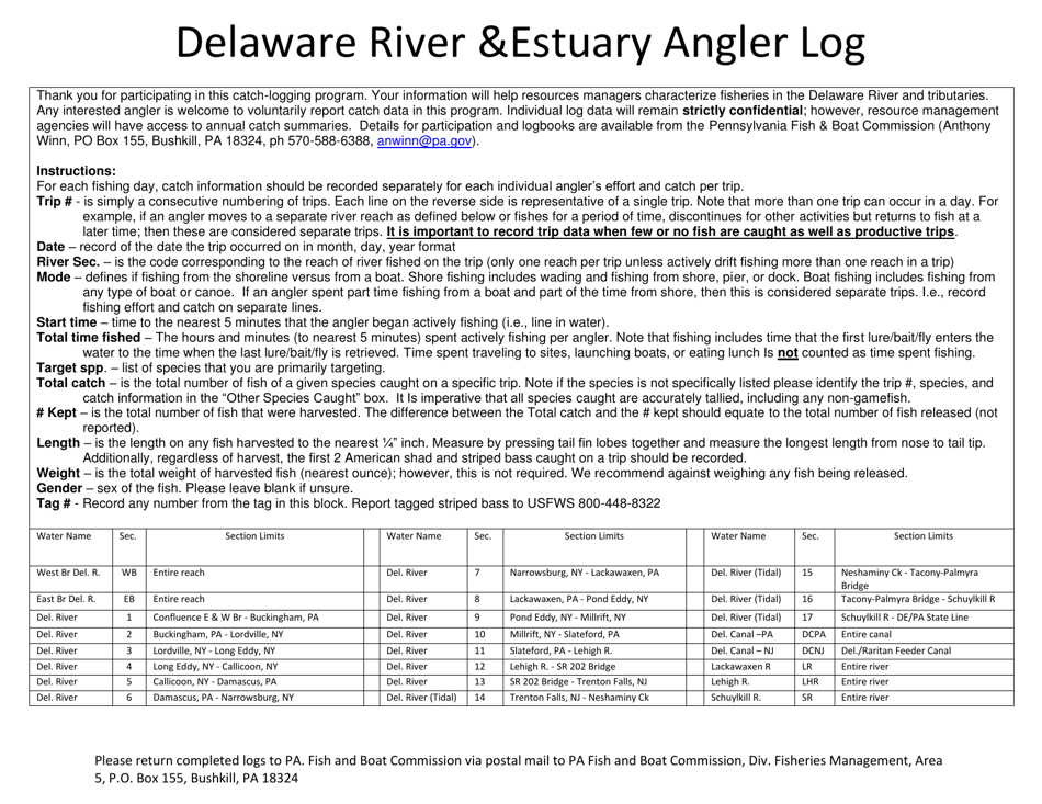 Delaware River  Estuary Angler Log - Pennsylvania, Page 2