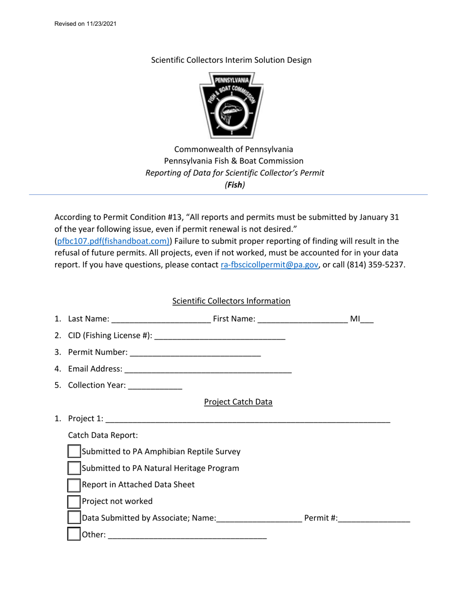 Pennsylvania Reporting of Data for Scientific Collector's Permit (Fish ...