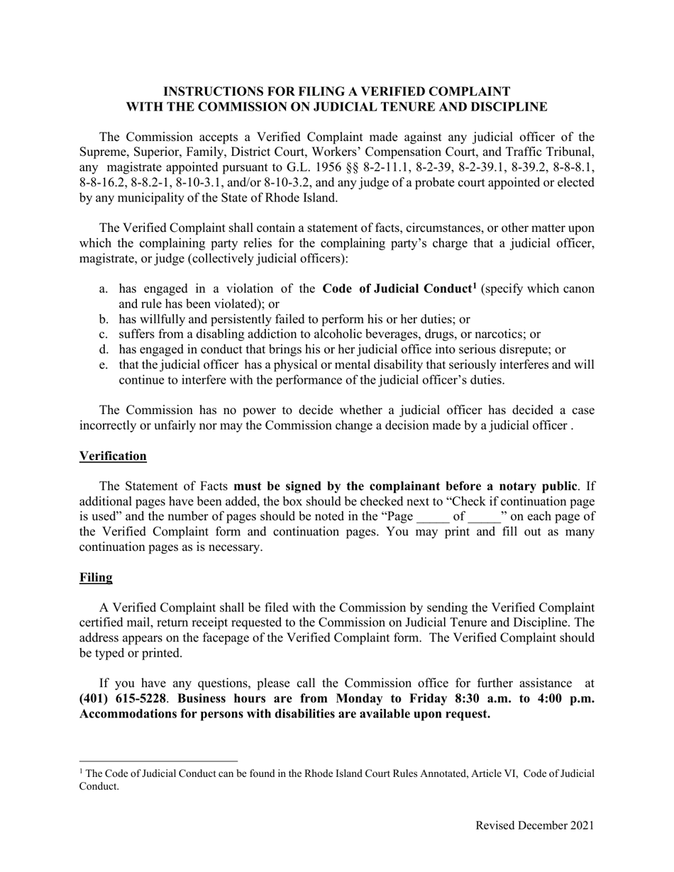 Verified Complaint Form - Commission on Judicial Tenure and Discipline - Rhode Island, Page 1