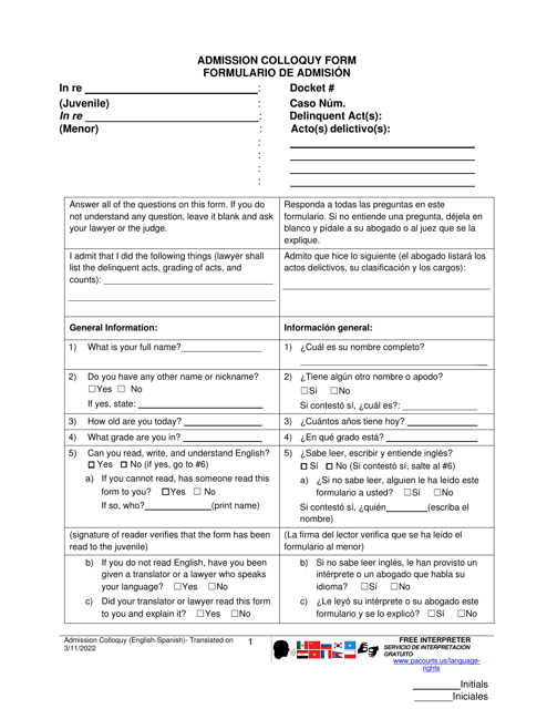 Form J407 Admission Colloquy Form - Pennsylvania (English/Spanish)