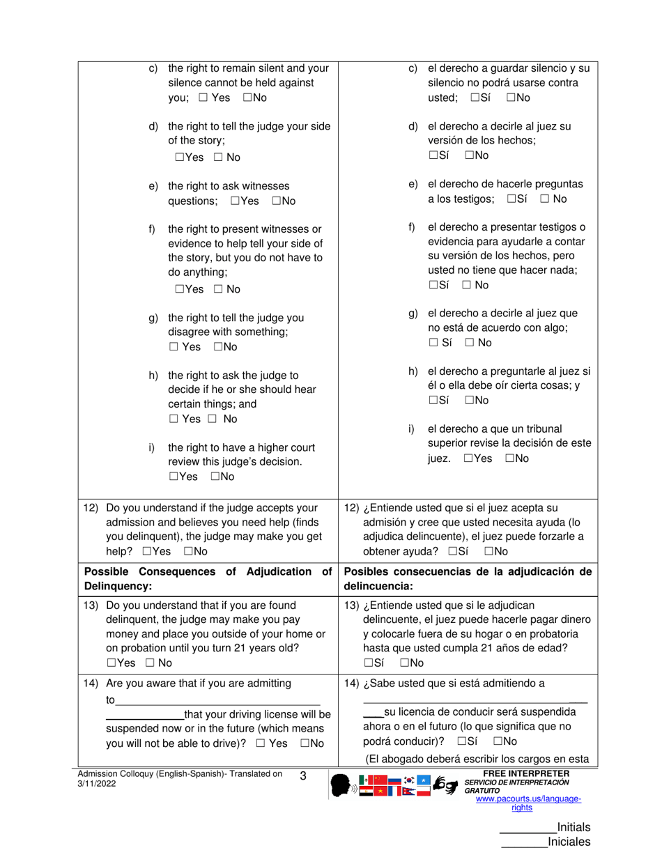 Form J407 Admission Colloquy Form - Pennsylvania (English / Spanish), Page 3