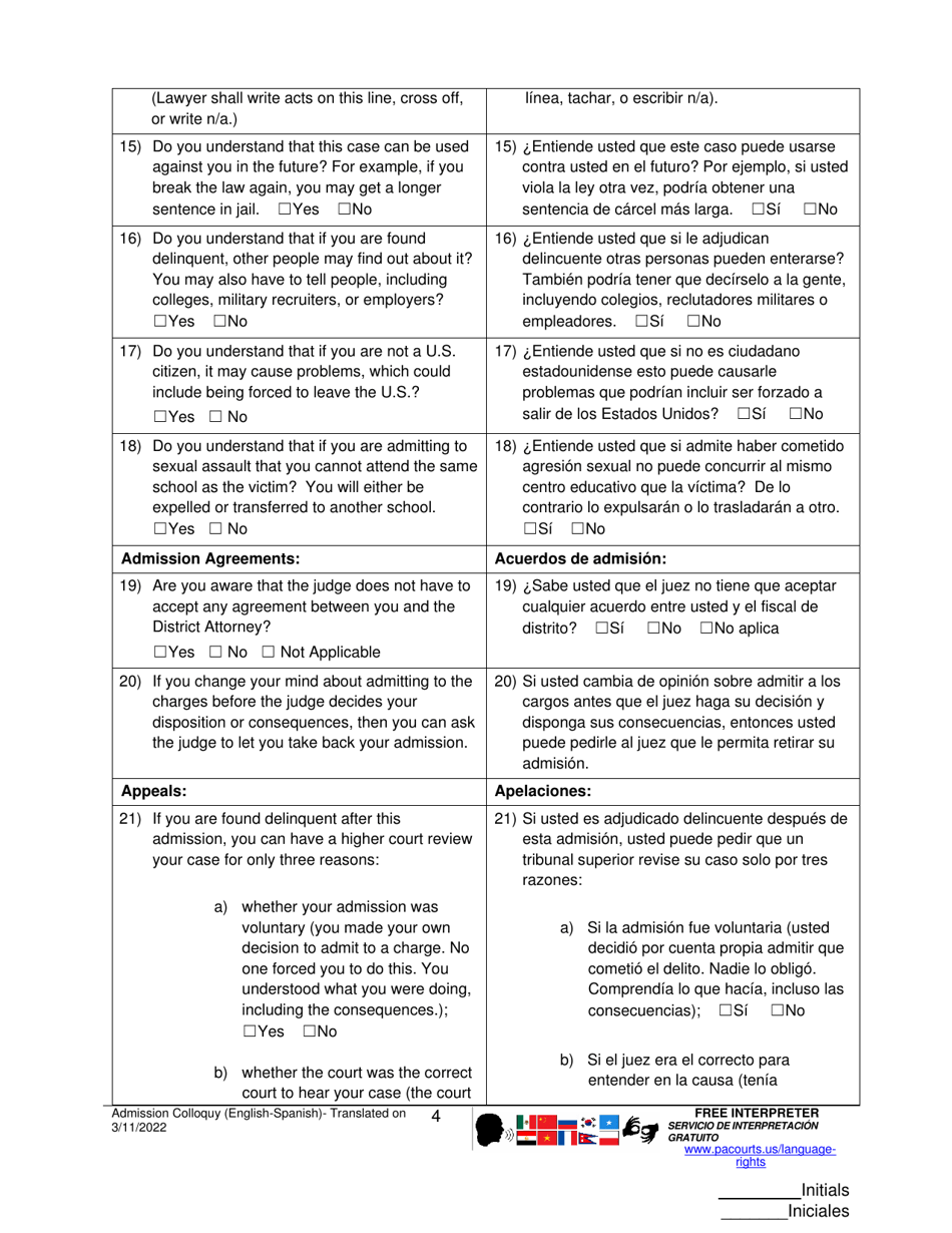 Form J407 Admission Colloquy Form - Pennsylvania (English / Spanish), Page 4