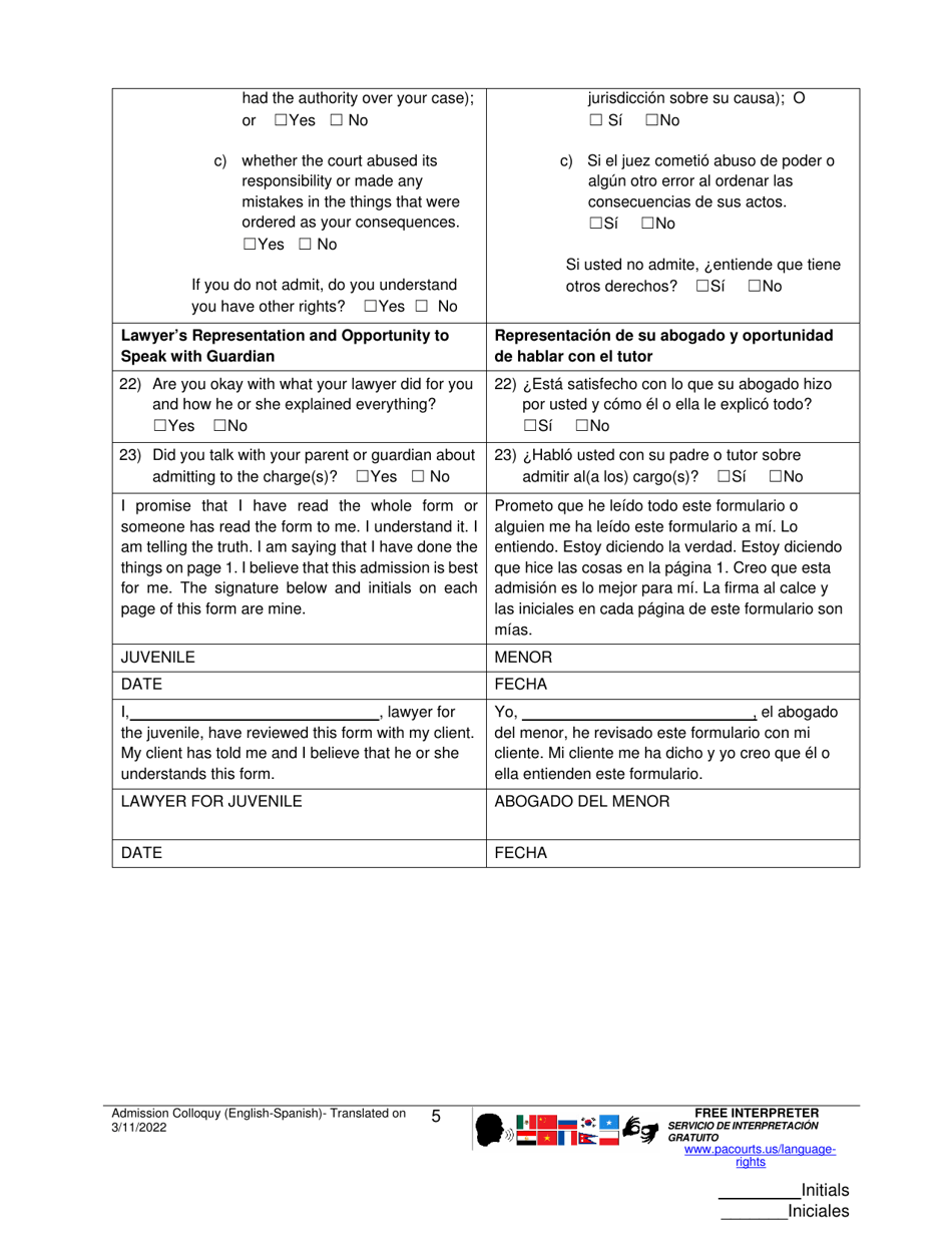 Form J407 Admission Colloquy Form - Pennsylvania (English / Spanish), Page 5