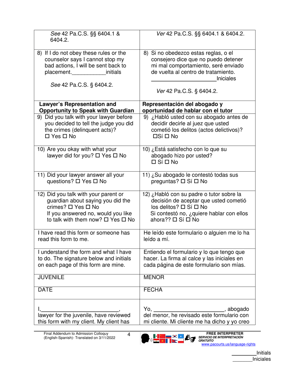 Form J407 Addendum to Admission Colloquy Form - Pennsylvania (English / Spanish), Page 4