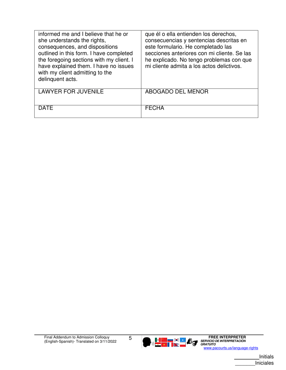 Form J407 Addendum to Admission Colloquy Form - Pennsylvania (English / Spanish), Page 5
