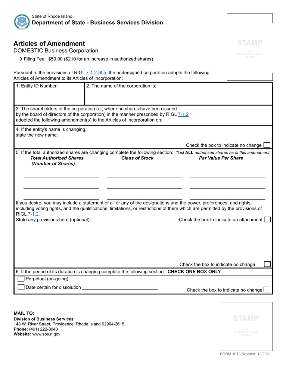 Form 101 Articles of Amendment for a Domestic Business Corporation - Rhode Island, Page 2