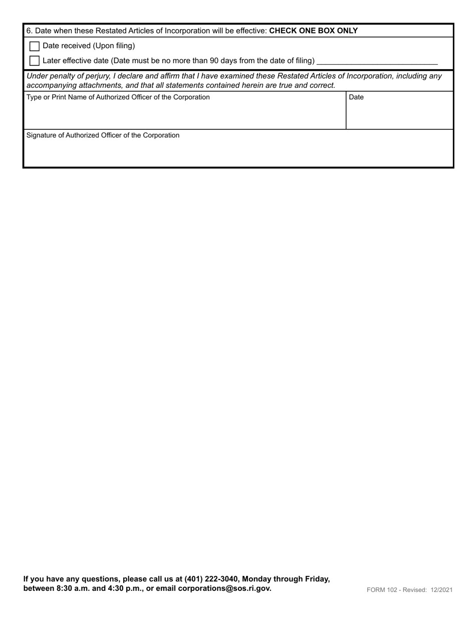 Form 102 Restated Articles of Incorporation for a Domestic Business Corporation - Rhode Island, Page 3