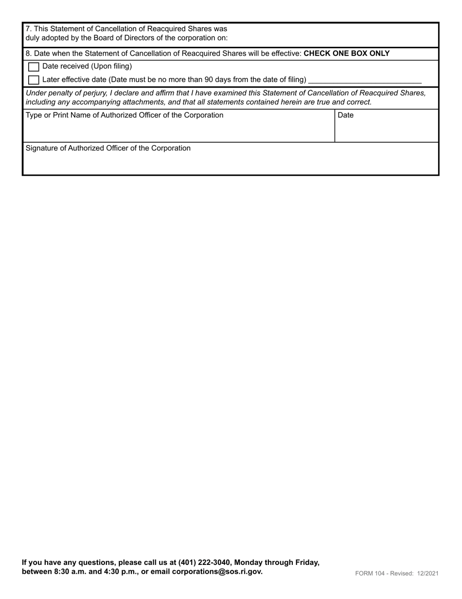 Form 104 Statement of Cancellation of Reacquired Shares for a Domestic Corporation - Rhode Island, Page 3