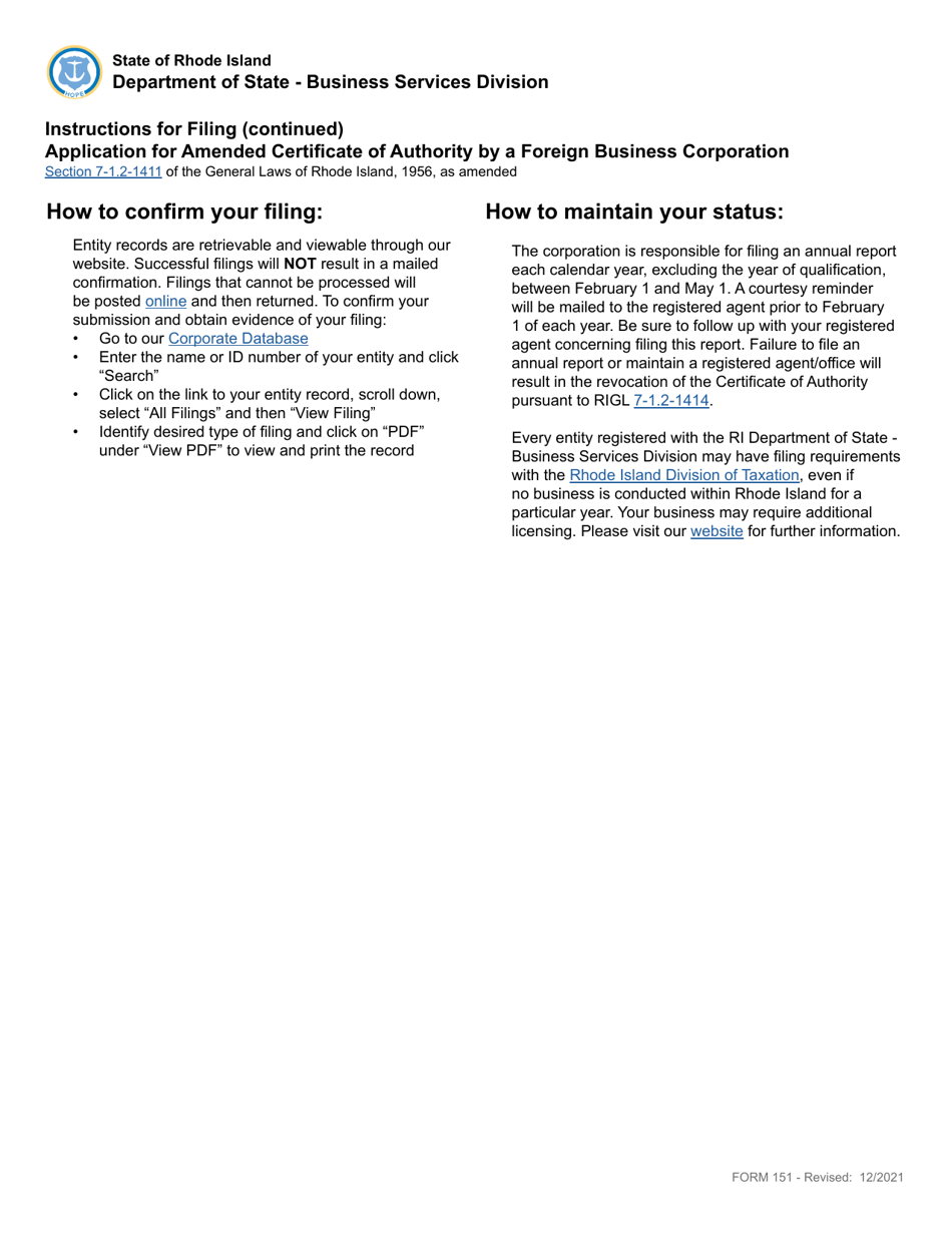 Form 151 Application for Amended Certificate of Authority by a Foreign Business Corporation - Rhode Island, Page 2