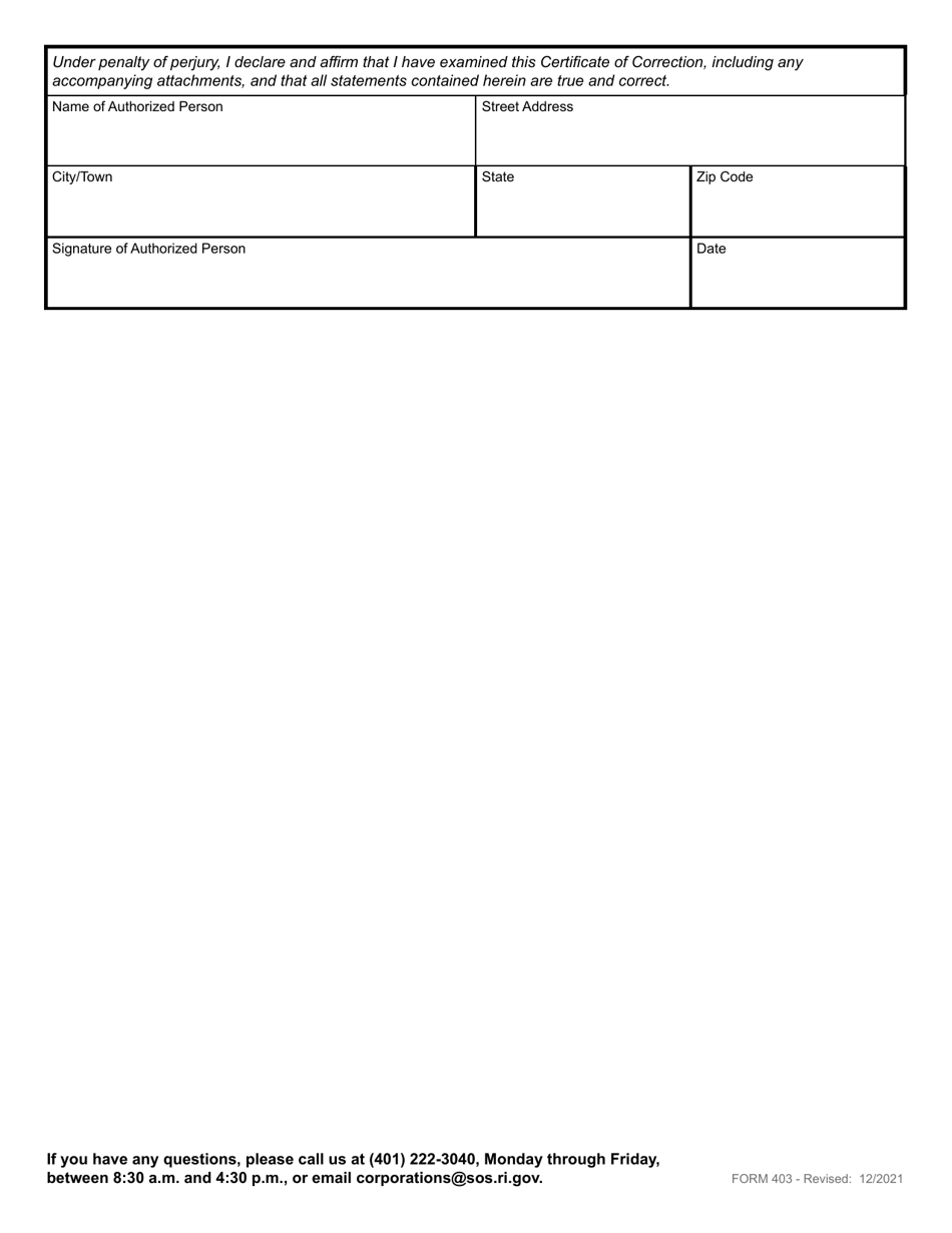 Form 403 Certificate of Correction for a Limited Liability Company - Rhode Island, Page 3