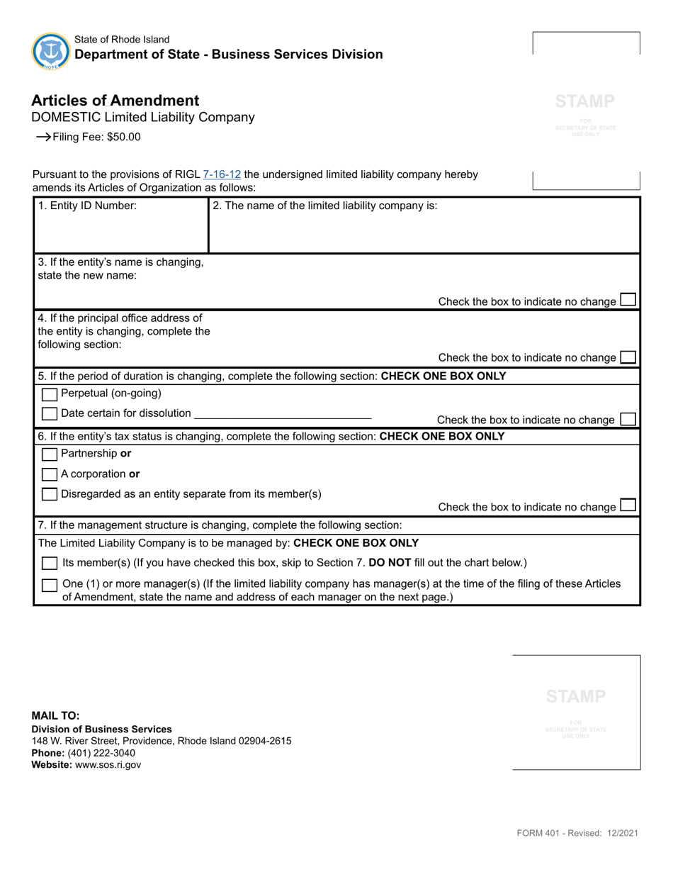 Form 401 Articles of Amendment to Articles of Organization for Domestic Limited Liability Company - Rhode Island, Page 2