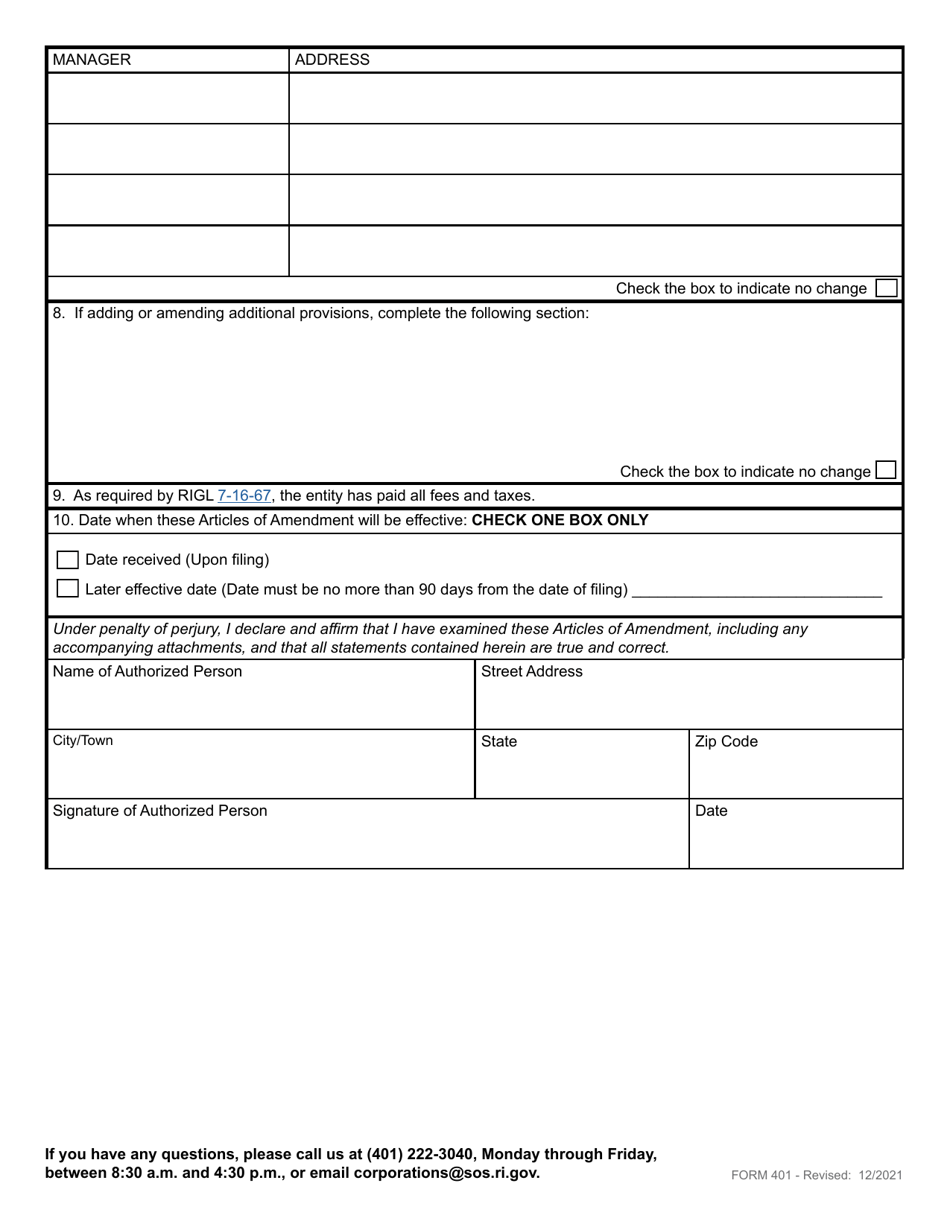 Form 401 Articles of Amendment to Articles of Organization for Domestic Limited Liability Company - Rhode Island, Page 3