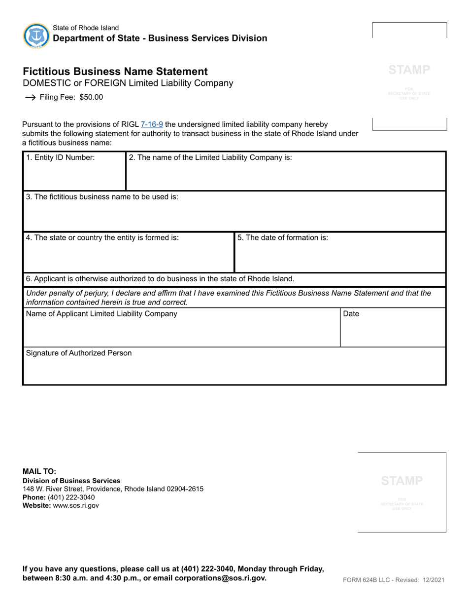 Form 624B Fictitious Business Name Statement - Domestic or Foreign Limited Liability Company - Rhode Island, Page 2