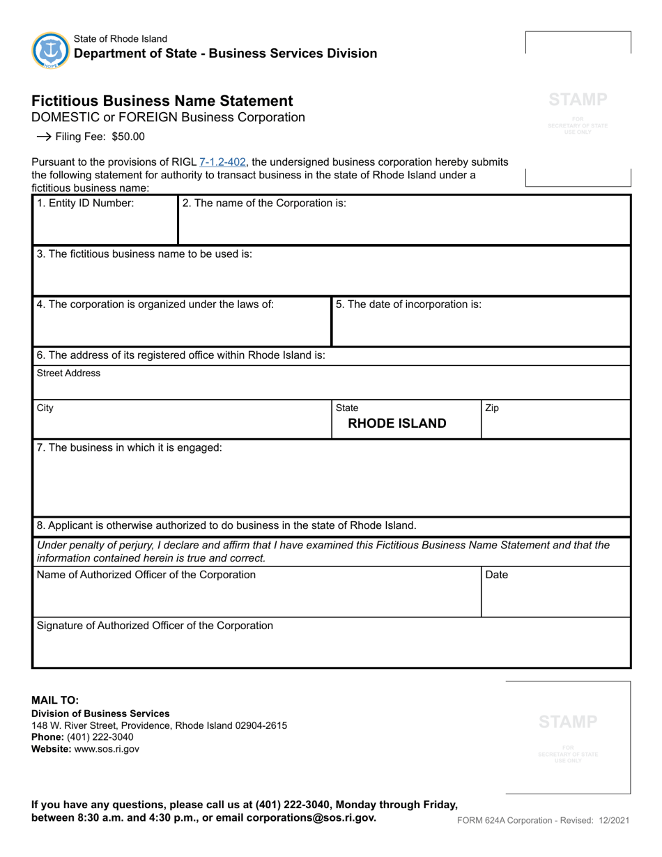 Form 624A Fictitious Business Name Statement - Domestic or Foreign Business Corporation - Rhode Island, Page 2