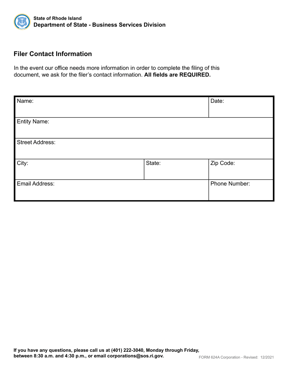 Form 624A Fictitious Business Name Statement - Domestic or Foreign Business Corporation - Rhode Island, Page 3