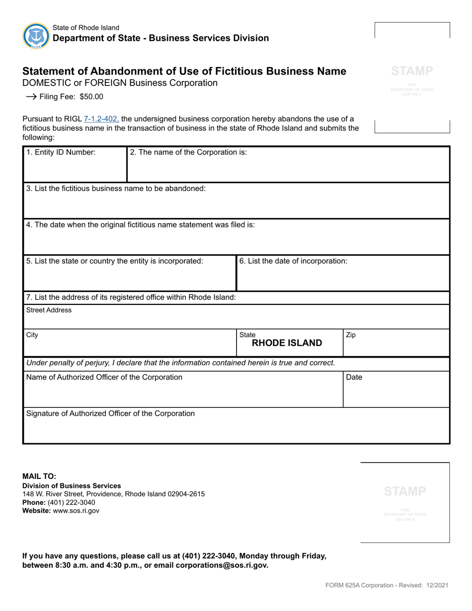 Form 625A Statement of Abandonment of Use of Fictitious Business Name - Domestic or Foreign Business Corporation - Rhode Island, Page 2