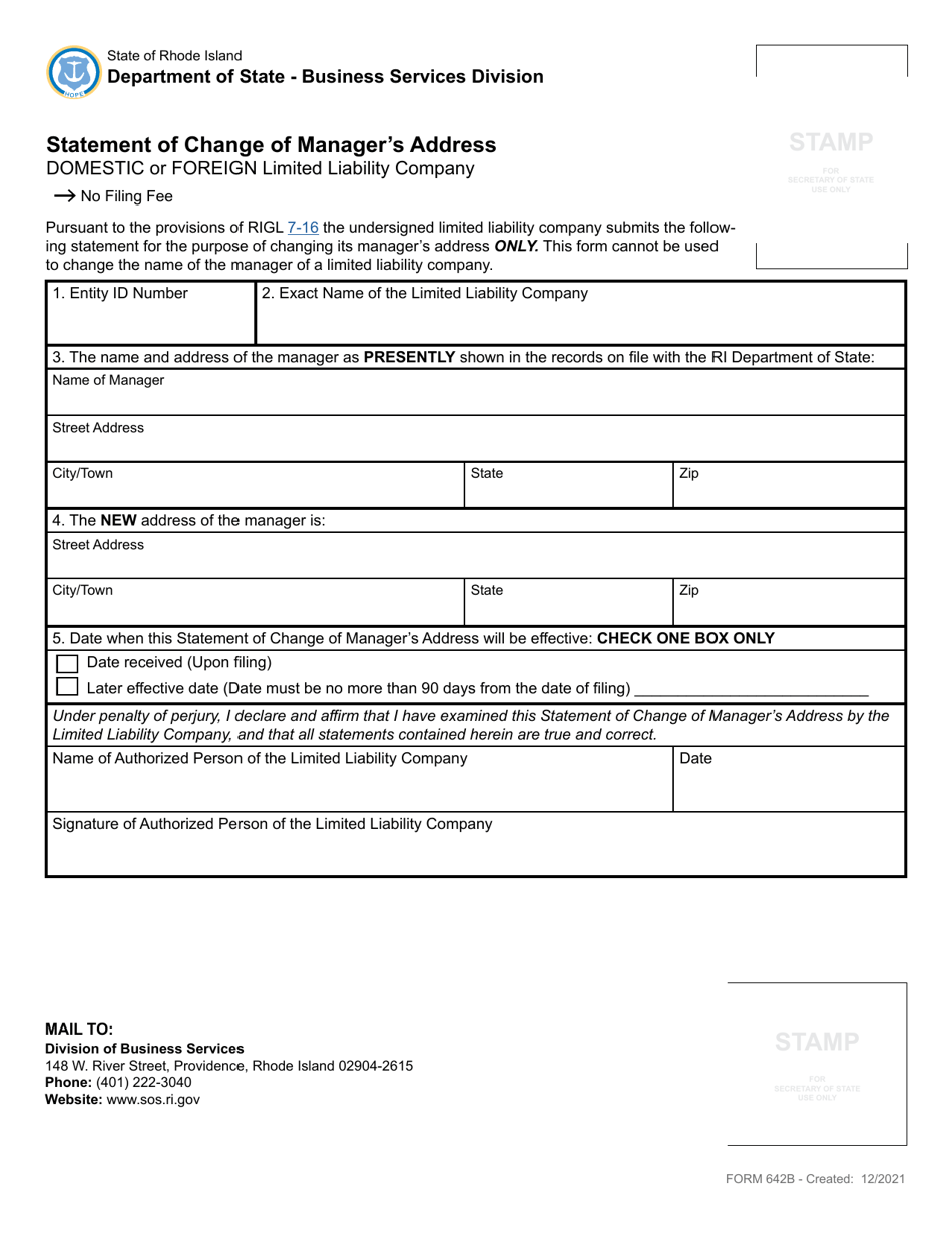 Form 642B Statement of Change of Managers Address - Domestic or Foreign Limited Liability Company - Rhode Island, Page 2