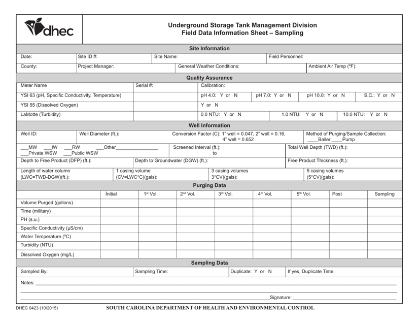 DHEC Form 0423  Printable Pdf