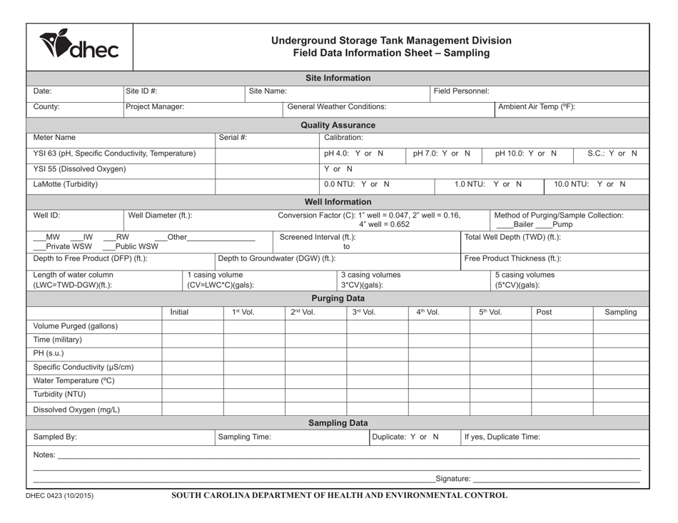 DHEC Form 0423 Field Data Information Sheet - Sampling - South Carolina, Page 1