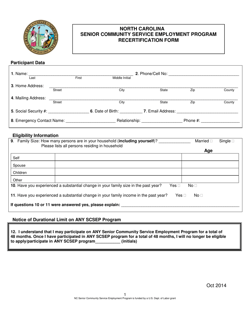 Recertification Form - Senior Community Service Employment Program - North Carolina, Page 1