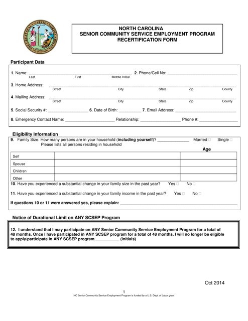 Recertification Form - Senior Community Service Employment Program - North Carolina Download Pdf