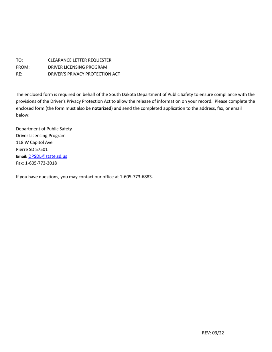 Request for Clearance Letter - South Dakota, Page 1