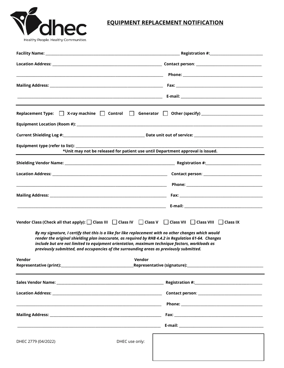DHEC Form 2779 Equipment Replacement Notification - South Carolina, Page 1