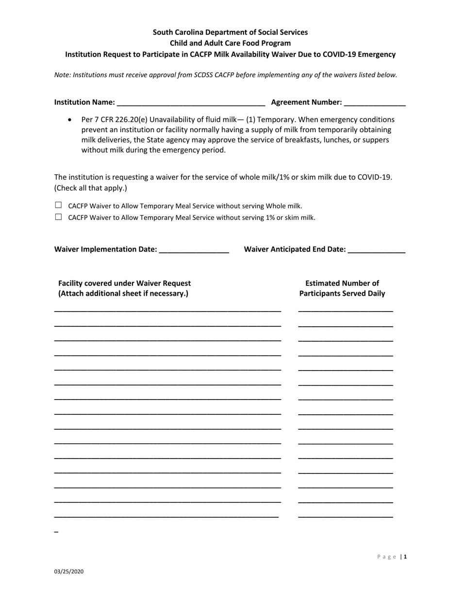 Institution Milk Availability Waiver Request - Child and Adult Care Food Program - South Carolina, Page 1