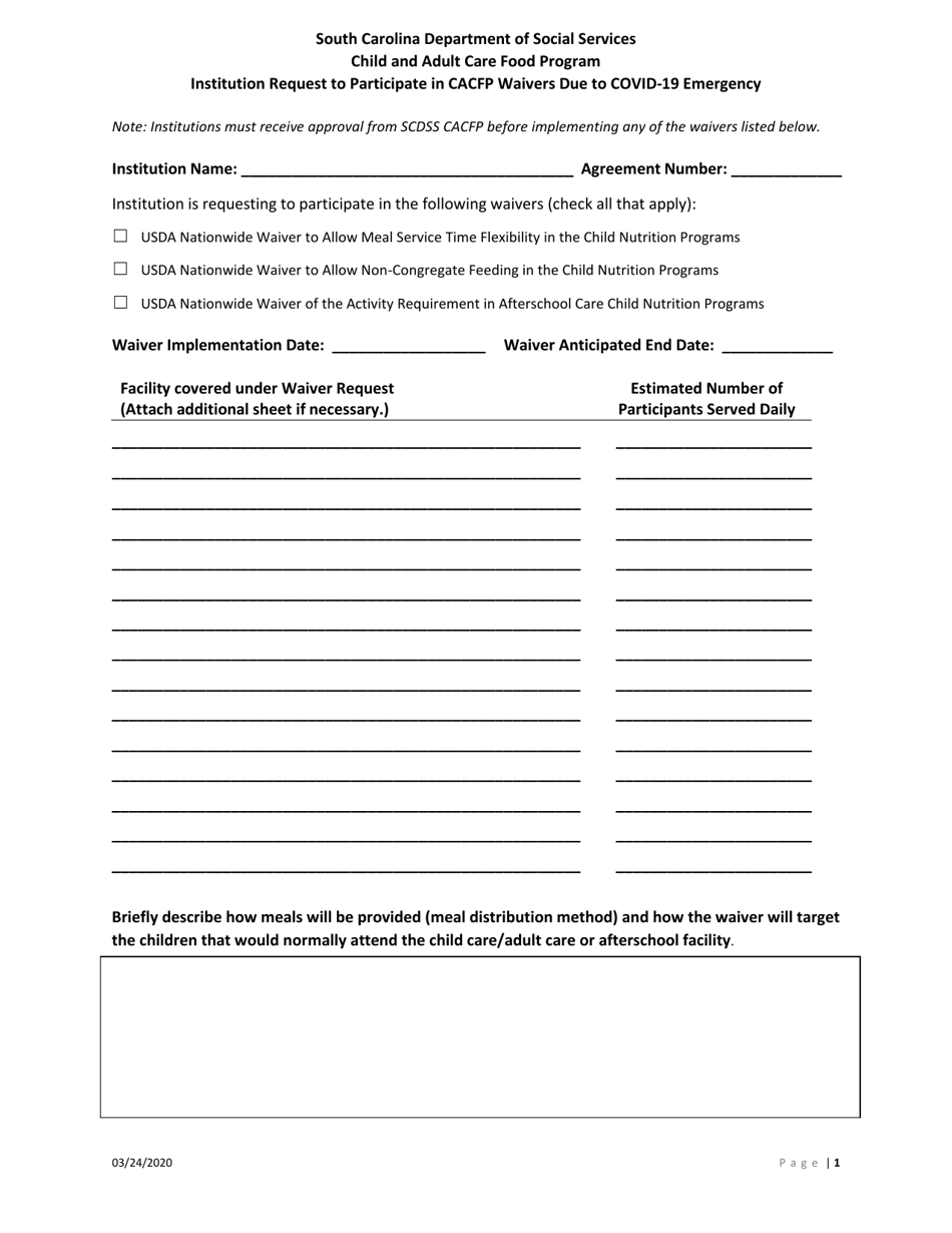Institution Waiver Request - Child and Adult Care Food Program - South Carolina, Page 1