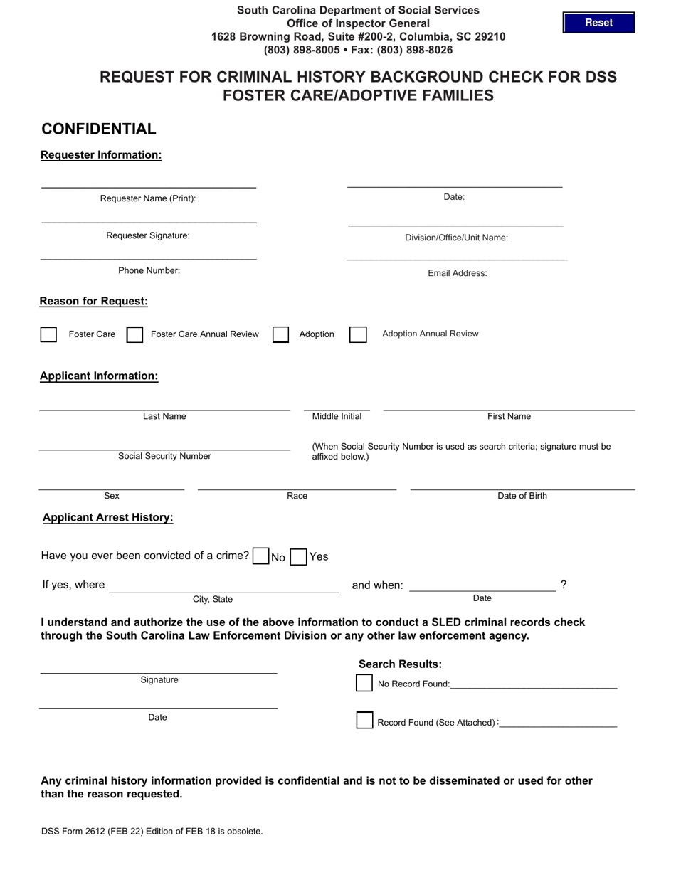 DSS Form 2612 Request for Criminal History Background Check for Dss Foster Care / Adoptive Families - South Carolina, Page 1