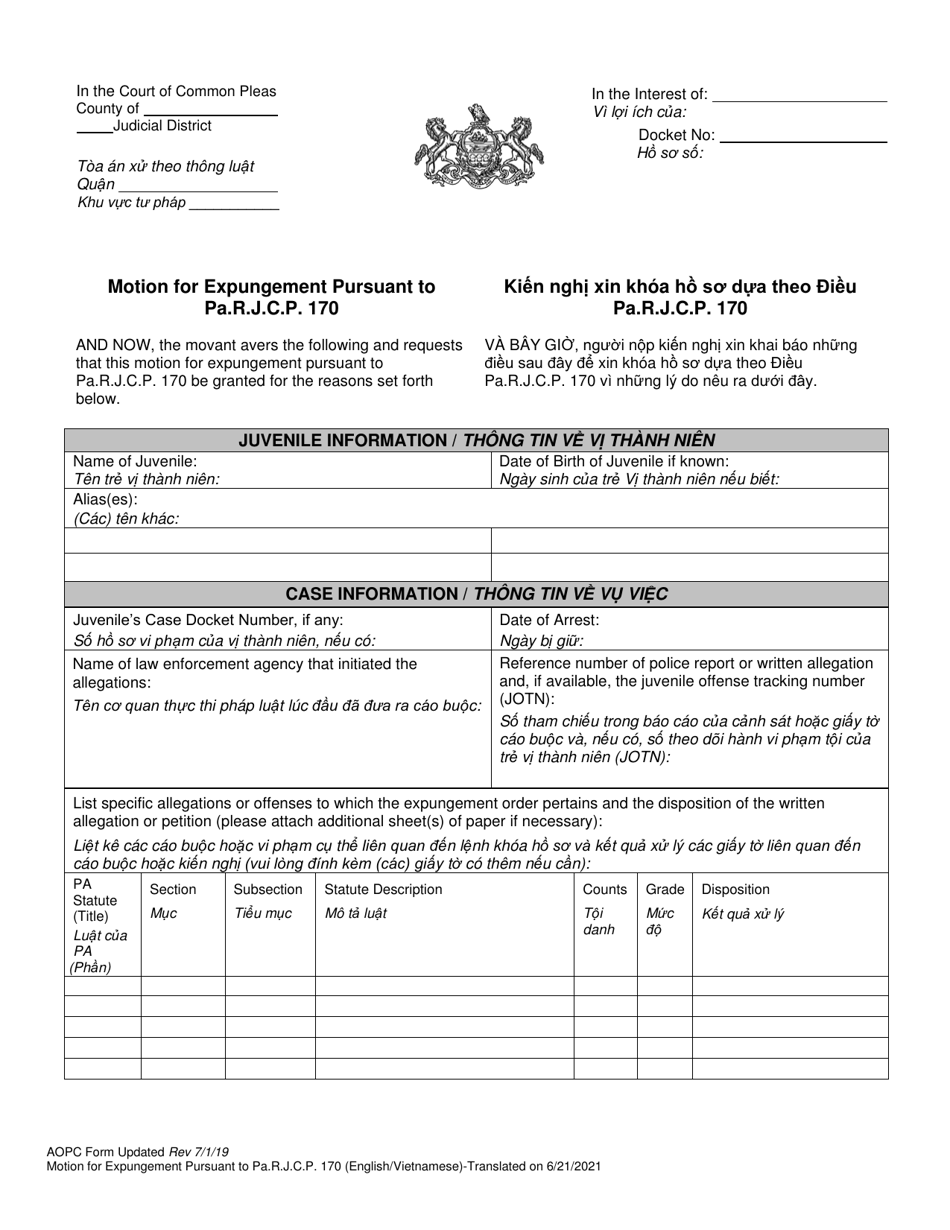 Motion for Expungement Pursuant to Pa.r.j.c.p. 170 - Pennsylvania (English / Vietnamese), Page 1