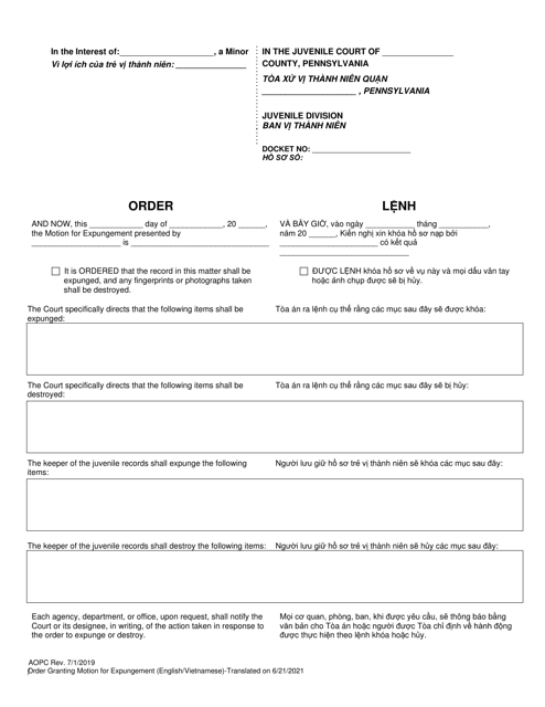 Order Granting Motion for Expungement - Pennsylvania (English / Vietnamese) Download Pdf