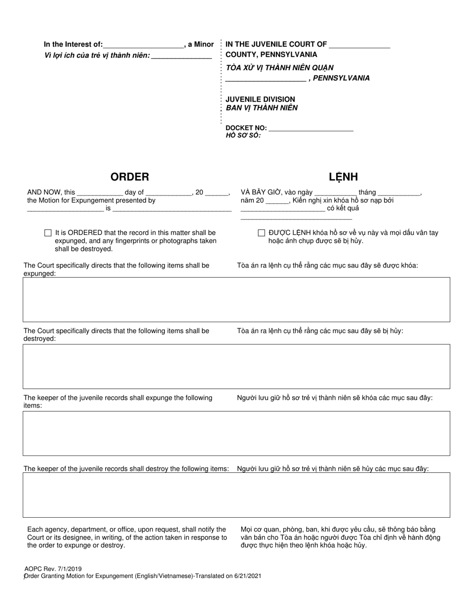 Order Granting Motion for Expungement - Pennsylvania (English / Vietnamese), Page 1