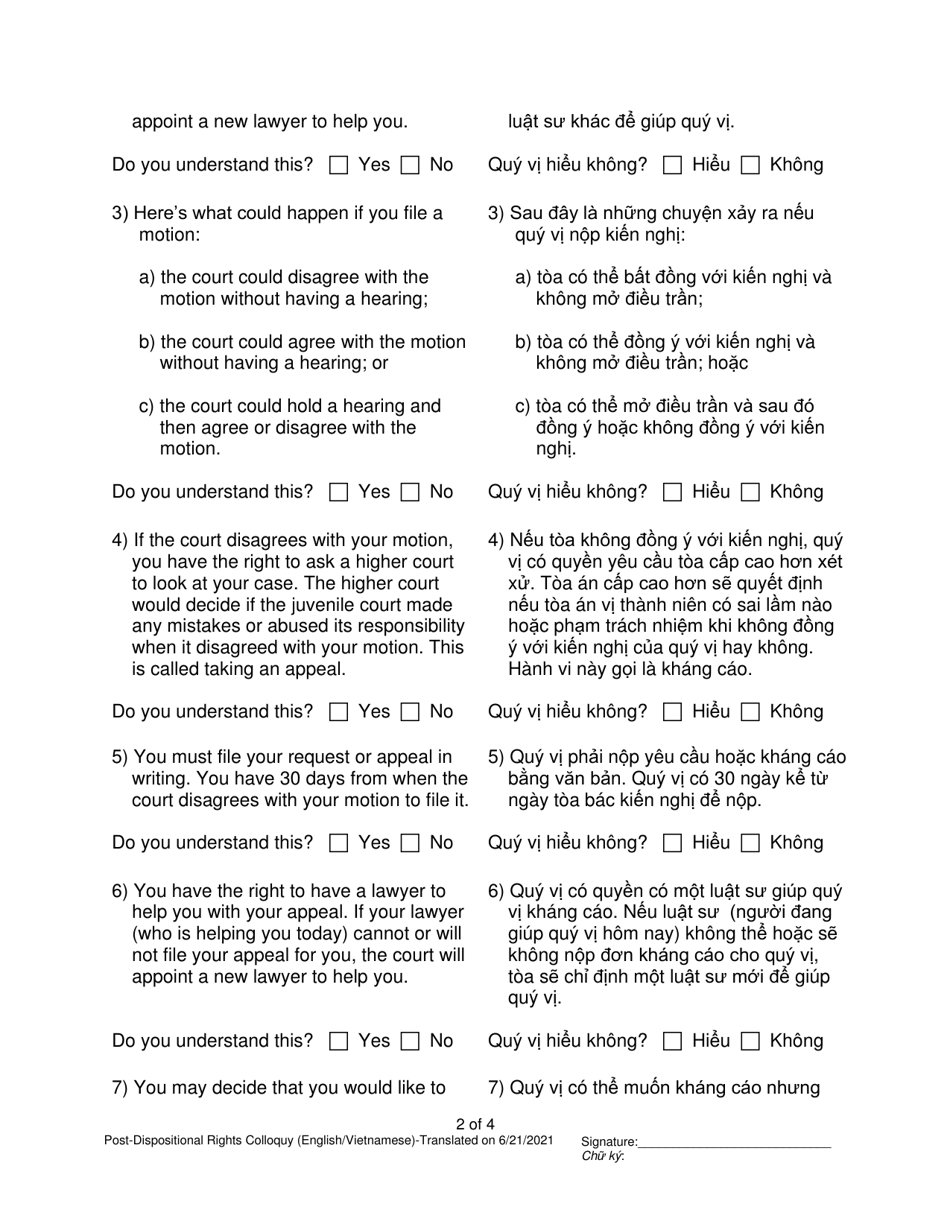 Post-dispositional Rights Colloquy - Pennsylvania (English / Vietnamese), Page 2