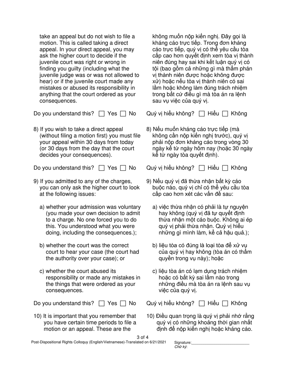 Post-dispositional Rights Colloquy - Pennsylvania (English / Vietnamese), Page 3