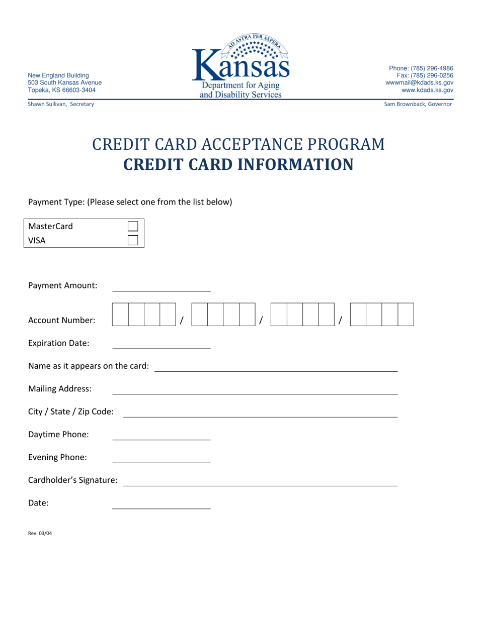 Credit Card Information - Credit Card Acceptance Program - Kansas, Page 1