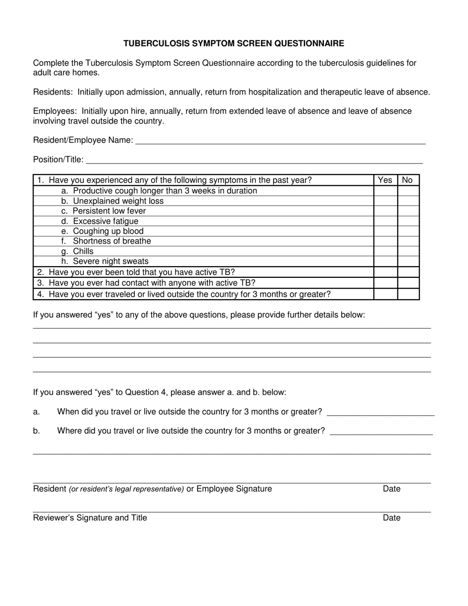 Tuberculosis Symptom Screen Questionnaire - Kansas, Page 6