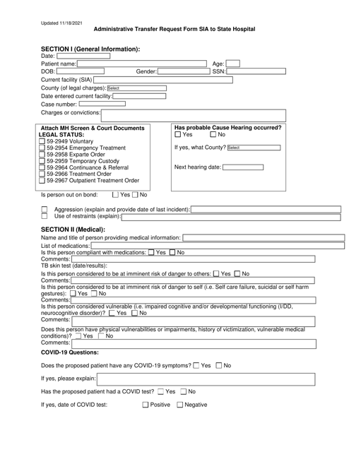 Administrative Transfer Request Form Sia to State Hospital - Kansas Download Pdf