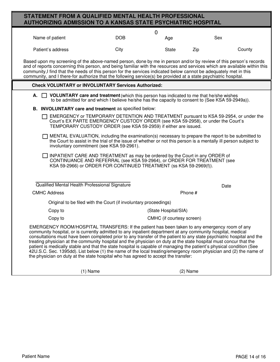 Adult Community Mental Health Center Screening Form - Kansas, Page 14