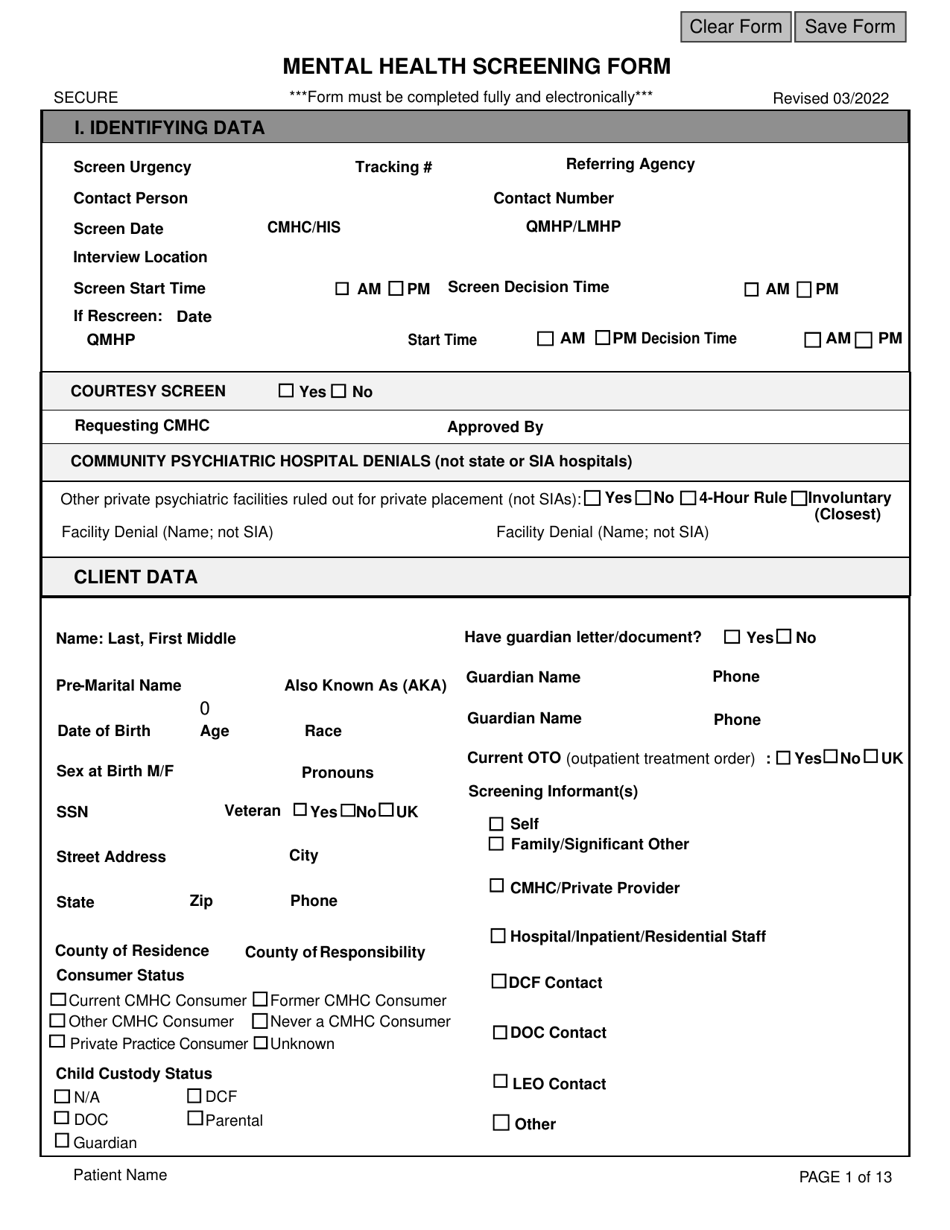 Youth Community Mental Health Center Screening Form - Kansas, Page 1
