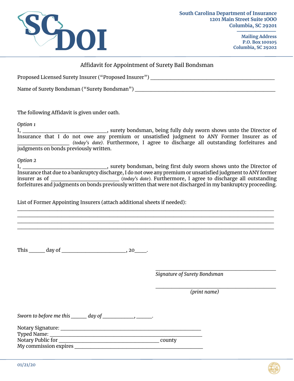 Affidavit for Appointment of Surety Bail Bondsman - South Carolina, Page 1