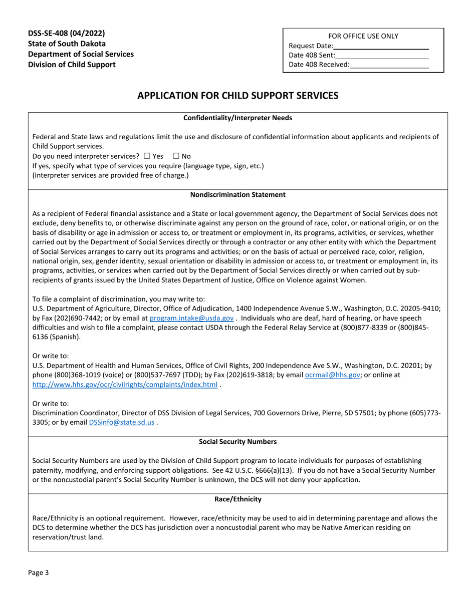 Form DSS-SE-408 Application for Child Support Services - South Dakota, Page 3