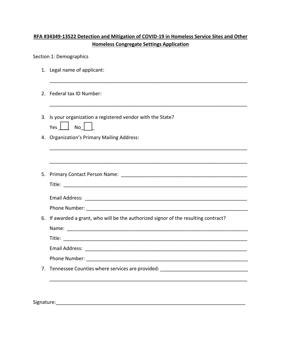 Detection and Mitigation of Covid-19 in Homeless Service Sites and Other Homeless Congregate Settings Application - Tennessee, Page 1