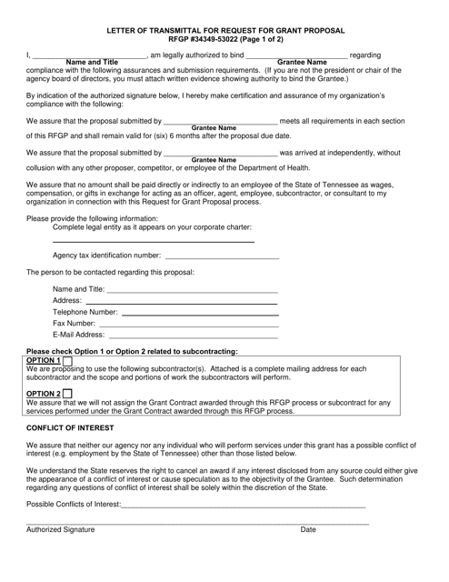 Letter of Transmittal for Request for Grant Proposal - Tennessee Download Pdf