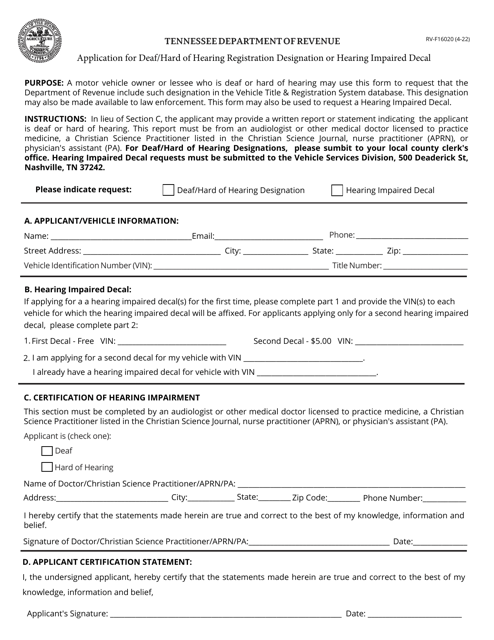 Form RV-F16020 Application for Deaf/Hard of Hearing Registration Designation or Hearing Impaired Decal - Tennessee